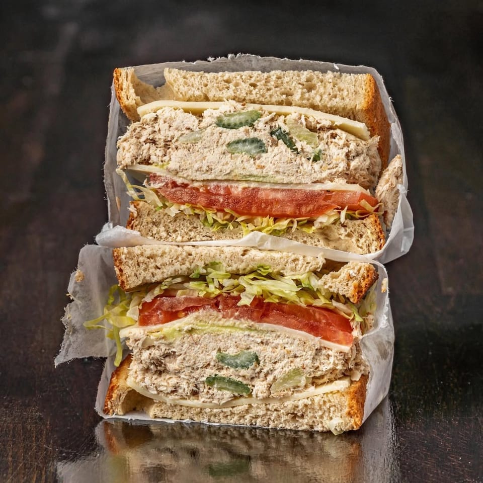 Two halves of a Bodega Bros deli sandwich with chicken salad, lettuce, tomato, and cheese.