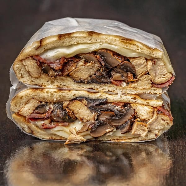 A Bodega Bros deli sandwich, cut in half, revealing chicken, mushrooms, bacon, and melted cheese.
