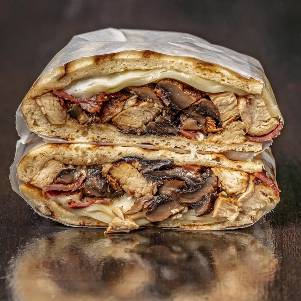 A Bodega Bros deli sandwich, cut in half, revealing chicken, mushrooms, bacon, and melted cheese.