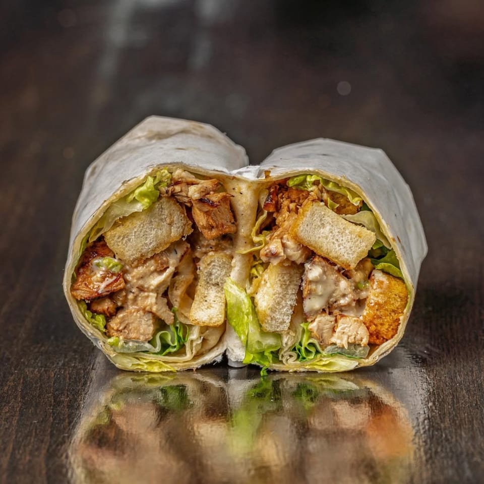 A Bodega Bros deli wrap, cut in half, revealing chicken, croutons, lettuce, and sauce.